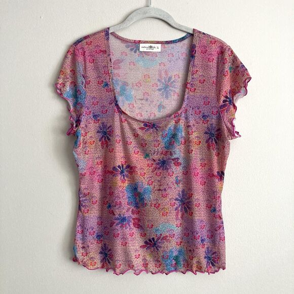 Natural Life Womens Pink Mesh Floral Sheer Top Size Large Y2K Boho Hippie Retro - Picture 2 of 8